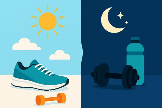 half photo running trainers and dumbells with sunshine on beach and other half night tie, dumbell and water bottles and moon crescent